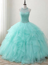 Sweet 16 Dress Green Round Neck Tulle Beads Long Prom Dress